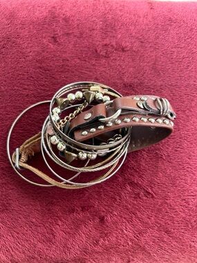 Studded Brown Leather Wrap Bracelet with Mixed silver tone bangles lot (10)